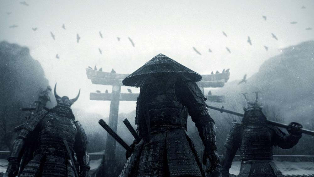 Movie shot of characters dressed as Samurai